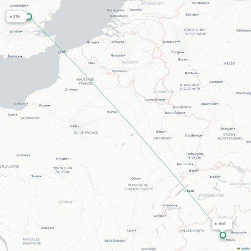 Mapa lotu bezpośredniego Londyn – Mediolan