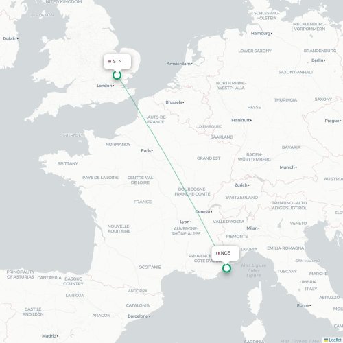 Londres - Nice carte du vol direct