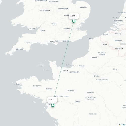 Mapa de vuelo directo Londres - Nantes