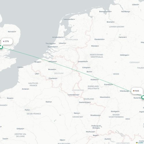 Mapa de vuelo directo Londres - Nuremberg