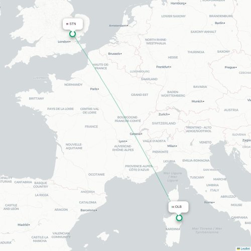 Mapa de vuelo directo Londres - Olbia