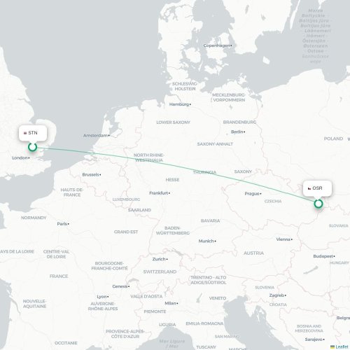 Mapa lotu bezpośredniego Londyn – Ostrawa