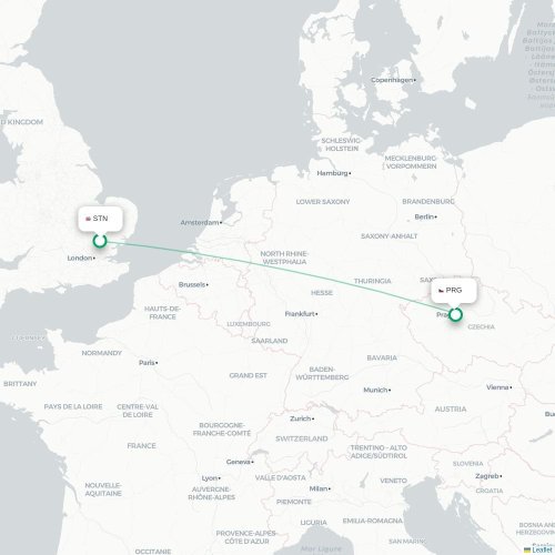 Mapa lotu bezpośredniego Londyn – Praga