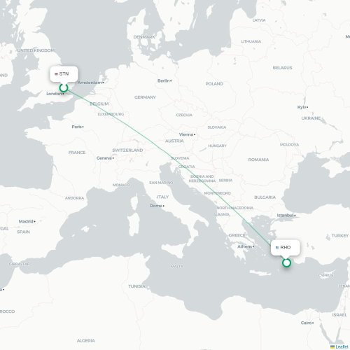 Mapa de vuelo directo Londres - Rodas