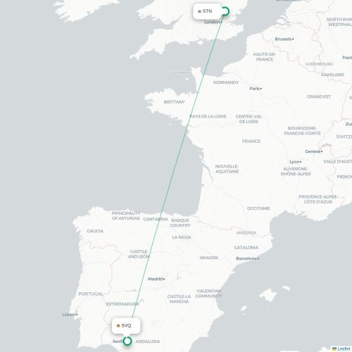 Mapa de vuelo directo Londres - Sevilla