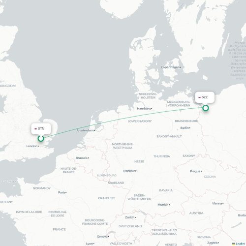 Mapa de vuelo directo Londres - Szczecin