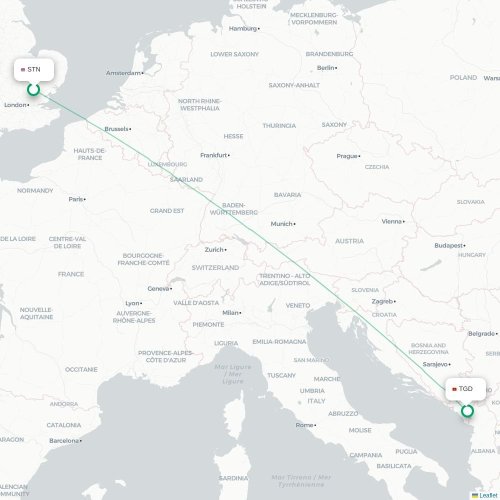 Mapa de vuelo directo Londres - Podgorica