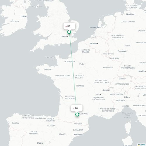 Mapa de vuelo directo Londres - Toulouse