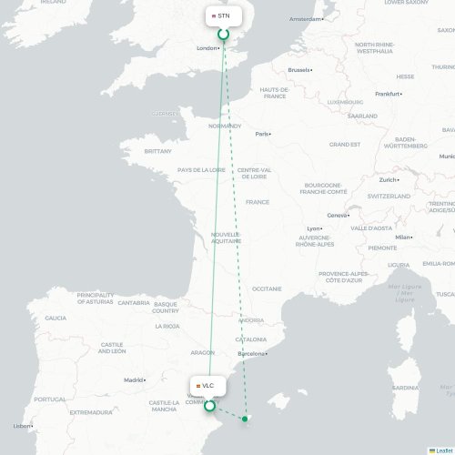 Mapa de vuelo directo Londres - Valencia