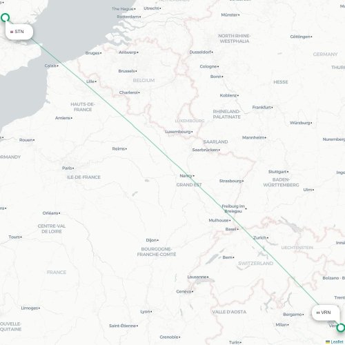 Mapa de vuelo directo Londres - Verona