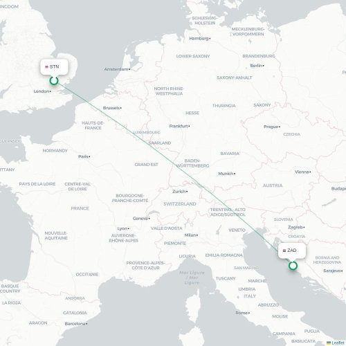 Mapa lotu bezpośredniego Londyn – Zadar