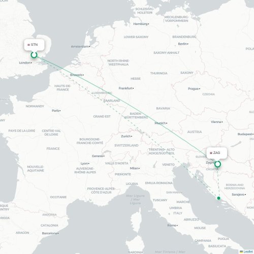 Mapa lotu bezpośredniego Londyn – Zagrzeb