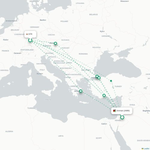 Stuttgart - Amman karta över direktflyg