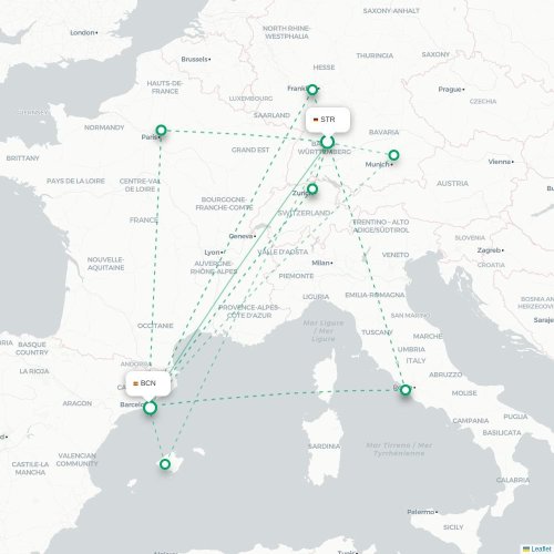 Mapa de vuelo directo Stuttgart - Barcelona