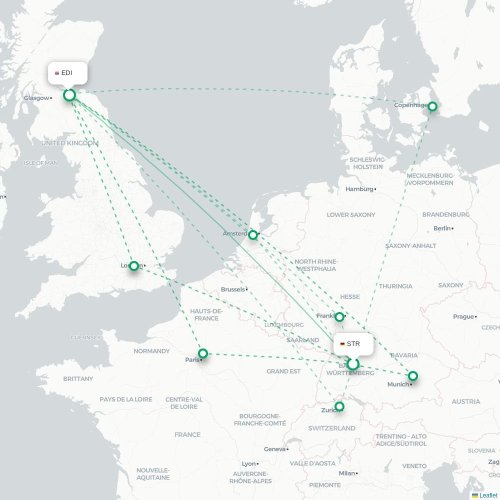 Mapa de vuelo directo Stuttgart - Edimburgo