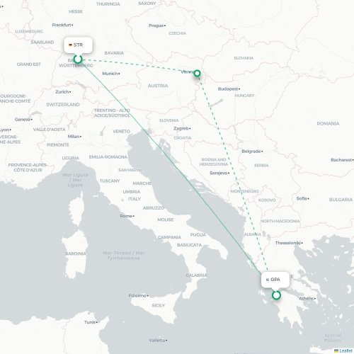 Mapa de vuelo directo Stuttgart - Patrás Occidental
