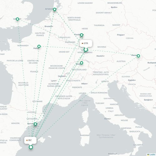 Mapa de vuelo directo Stuttgart - Ibiza