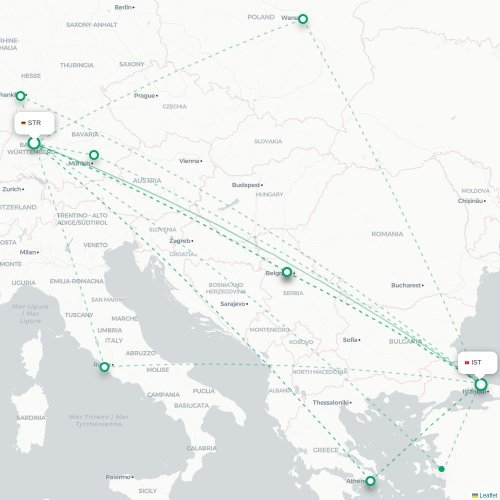 Mapa de vuelo directo Stuttgart - Estambul