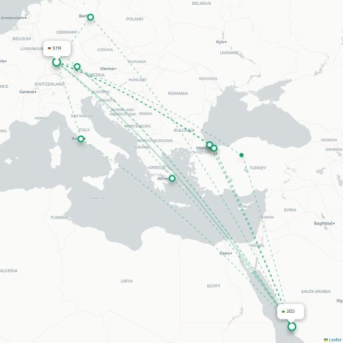 Stuttgart - Jeddah karta över direktflyg