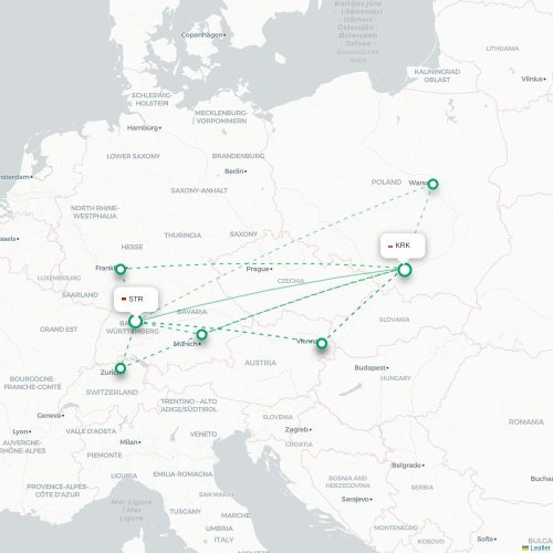 Mapa de vuelo directo Stuttgart - Cracovia