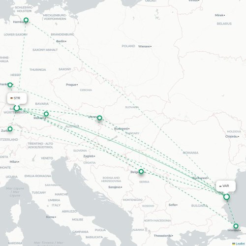 Mapa lotu bezpośredniego Stuttgart – Warna