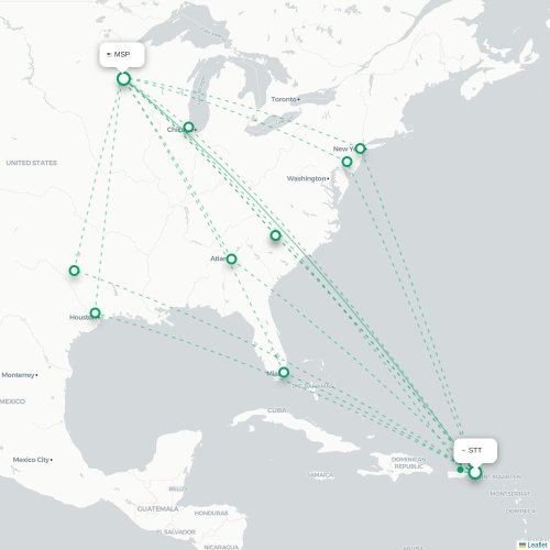 Mapa de vuelo directo Saint Thomas Island - Mineápolis