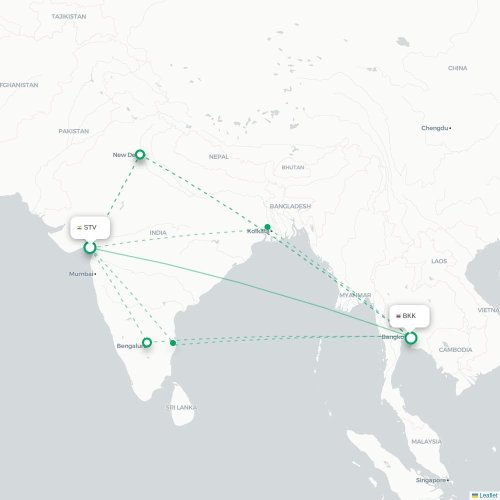 Surat – Bangkok suoran lennon kartta