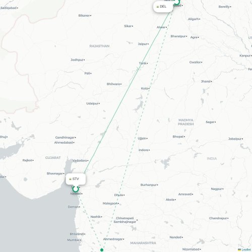 Surat – New Delhi suoran lennon kartta