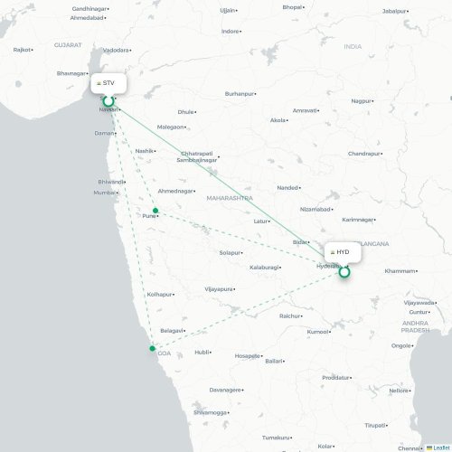 Surat – Hyderabad suoran lennon kartta