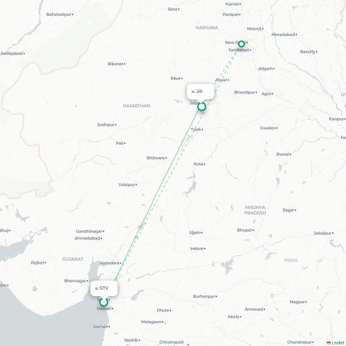 Surat – Jaipur suoran lennon kartta