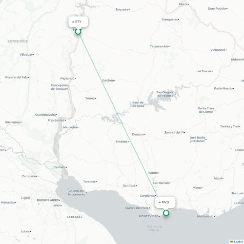 Mapa lotu bezpośredniego Salto – Montevideo