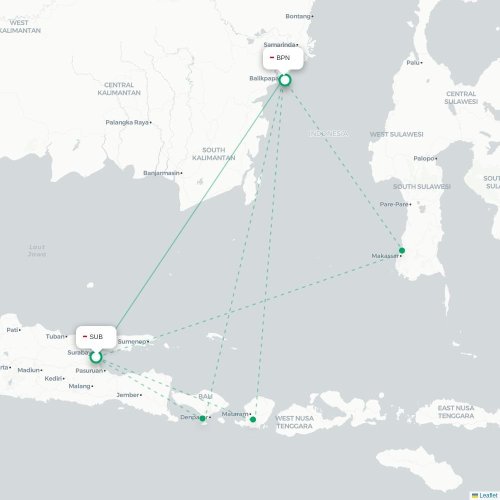 Mapa lotu bezpośredniego Surabaja – Balikpapan