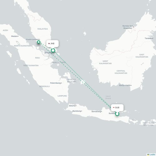 Mapa lotu bezpośredniego Surabaja – Johor Bahru