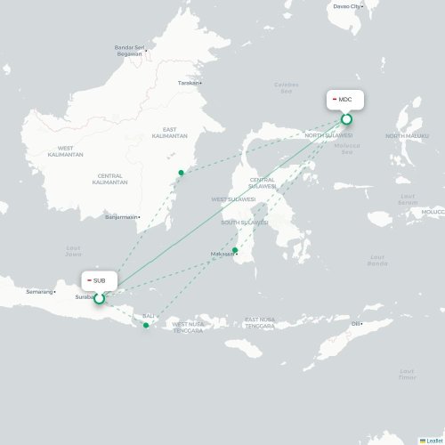 Mapa lotu bezpośredniego Surabaja – Manado