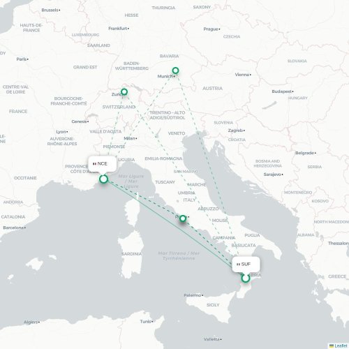 Mapa de vuelo directo Lamezia Terme - Niza