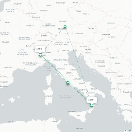 Mapa lotu bezpośredniego Lamezia Terme – Turyn, Torino