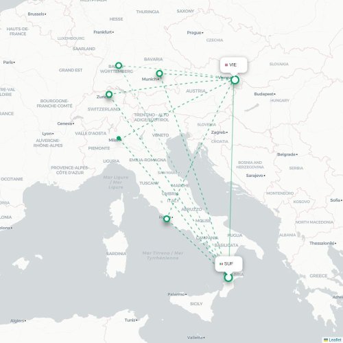 Mapa lotu bezpośredniego Lamezia Terme – Wiedeń