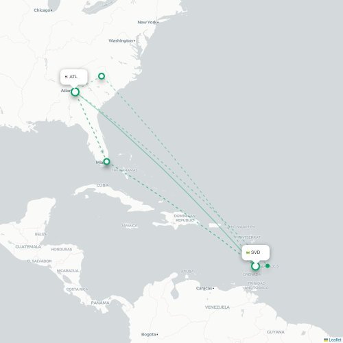 Mapa de vuelo directo Kingstown - Atlanta