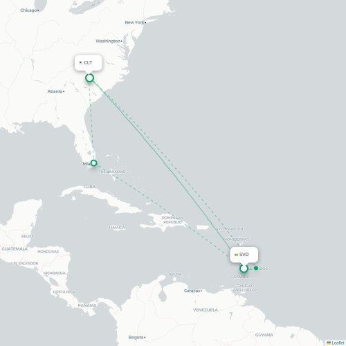 Mapa de vuelo directo Kingstown - Charlotte