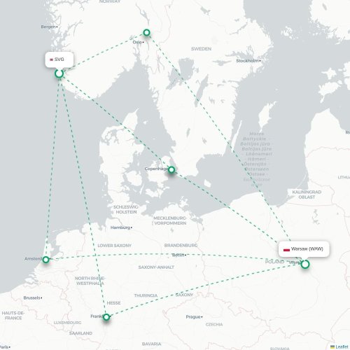 Mapa de vuelo directo Stavanger - Varsovia
