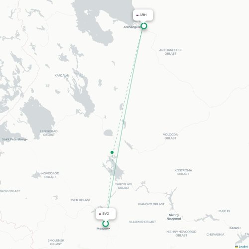 Mapa de vuelo directo Moscú - Arkhangelsk