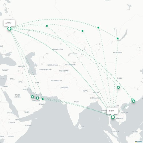 Mapa de vuelo directo Moscú - Bangkok