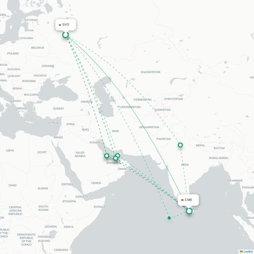 Mapa lotu bezpośredniego Moskwa – Kolombo
