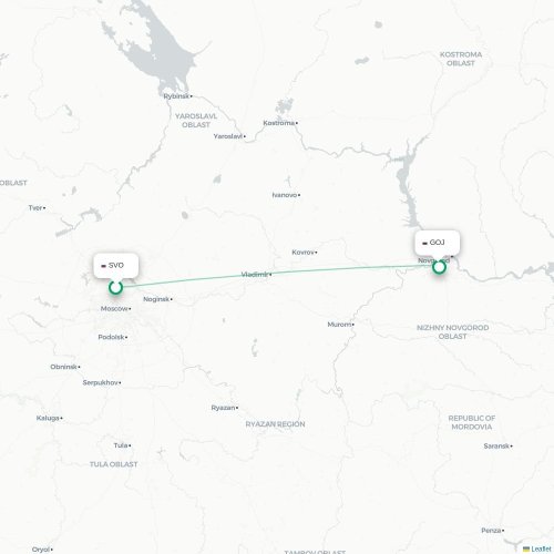 Mapa de vuelo directo Moscú - Nizhny Novgorod