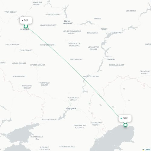 Mapa de vuelo directo Moscú - Atyrau