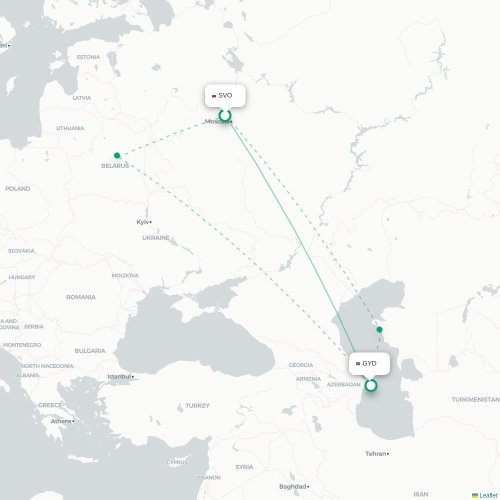 Mapa de vuelo directo Moscú - Bakú