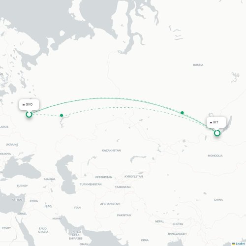 Mapa de vuelo directo Moscú - Irkutsk