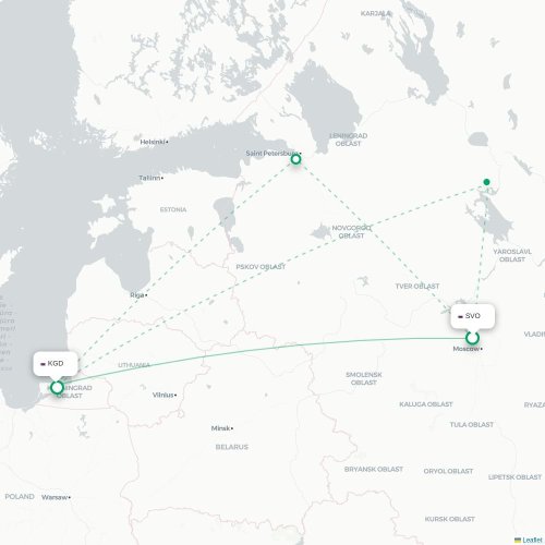 Mapa de vuelo directo Moscú - Kaliningrado