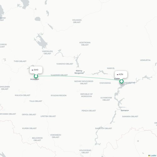 Mapa de vuelo directo Moscú - Kazán