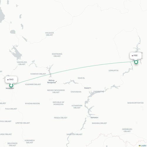 Mapa de vuelo directo Moscú - Perm